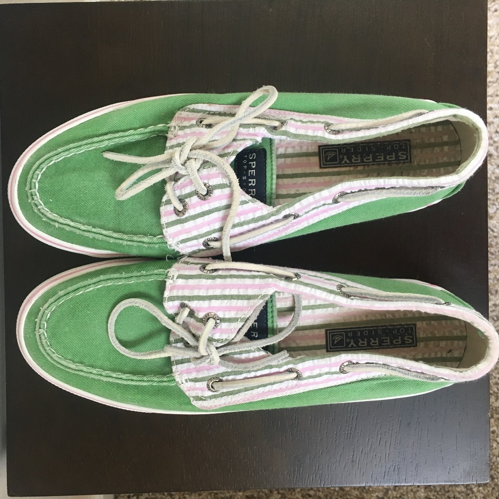 Sperry Canvas/Seersucker Topsiders in Green/Pink